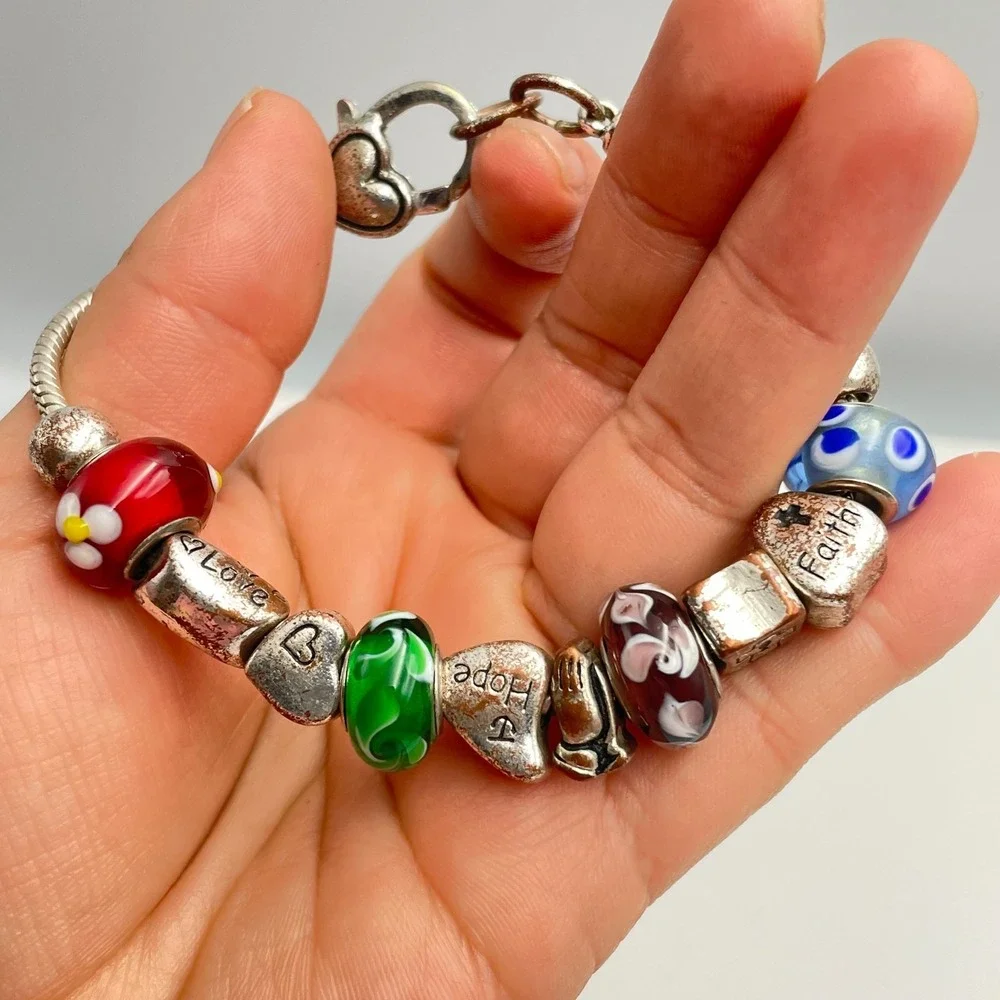 Vintage Y2K Silver Charm Bracelet Beaded Faith Hope Love Religious Jewelry Retro
